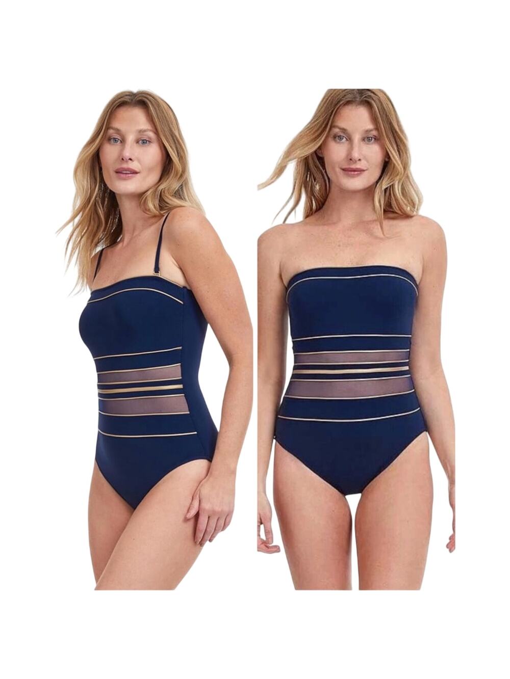 NWOT Gottex Women's Navy Gold Bandeau One Piece Removable Strap Swimsuit Size 12